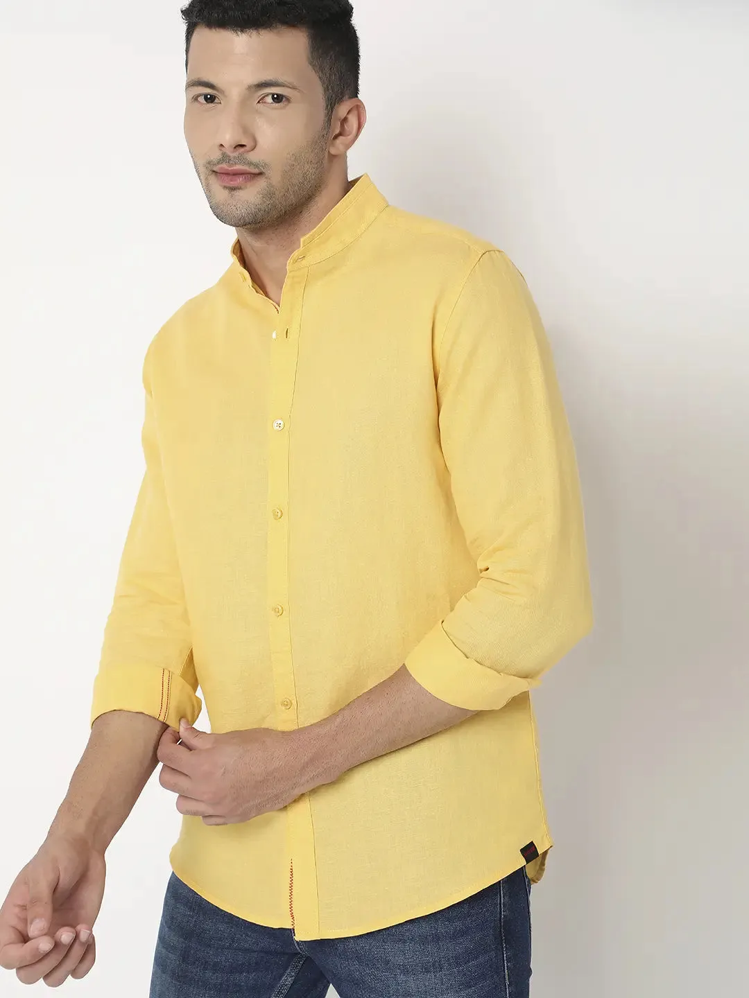 Spykar Men Lemon Yellow Cotton Slim Fit Plain Shirt