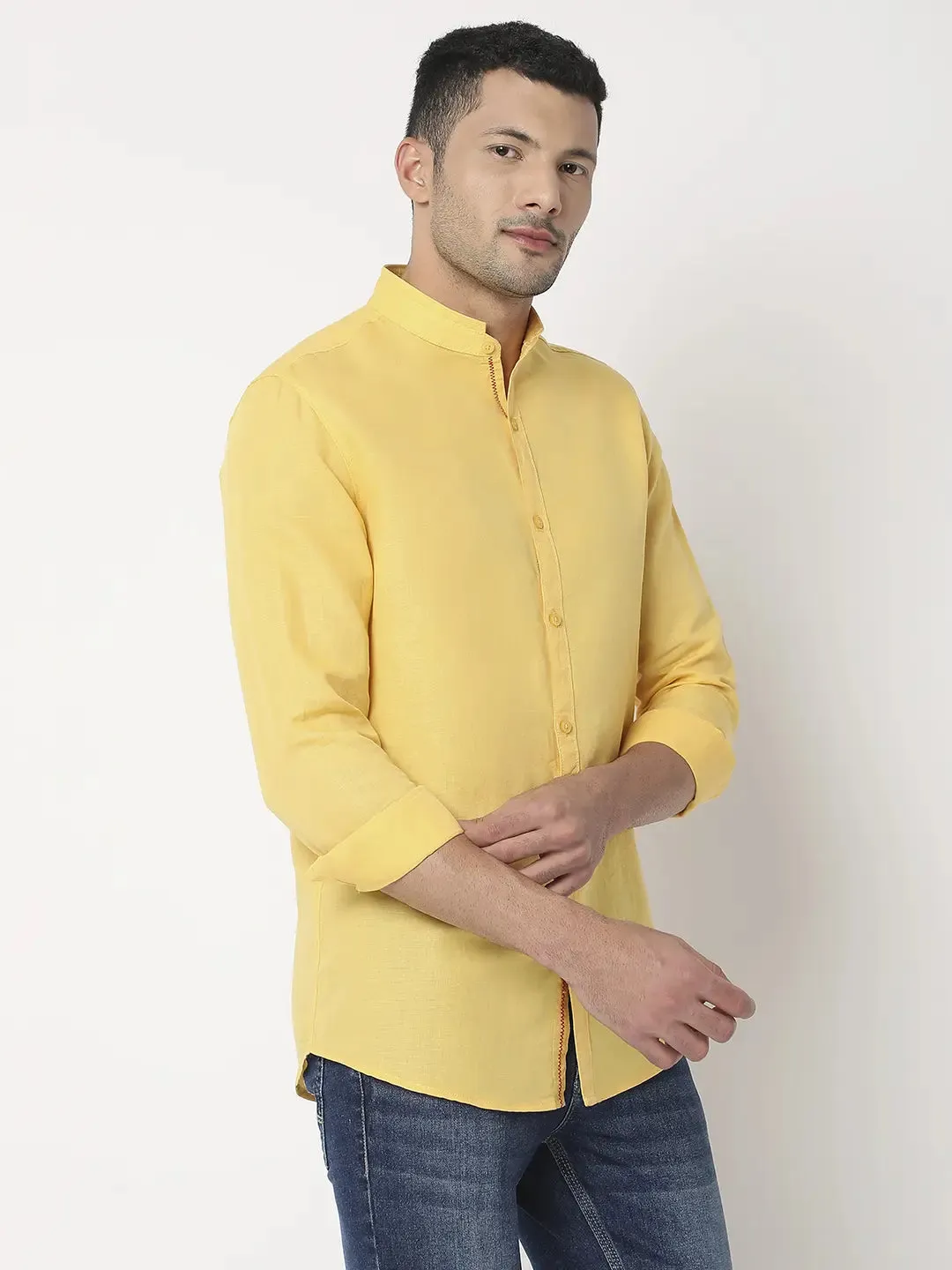 Spykar Men Lemon Yellow Cotton Slim Fit Plain Shirt