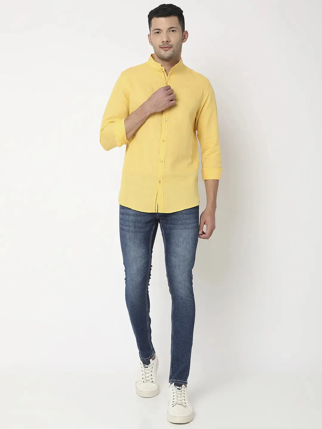 Spykar Men Lemon Yellow Cotton Slim Fit Plain Shirt