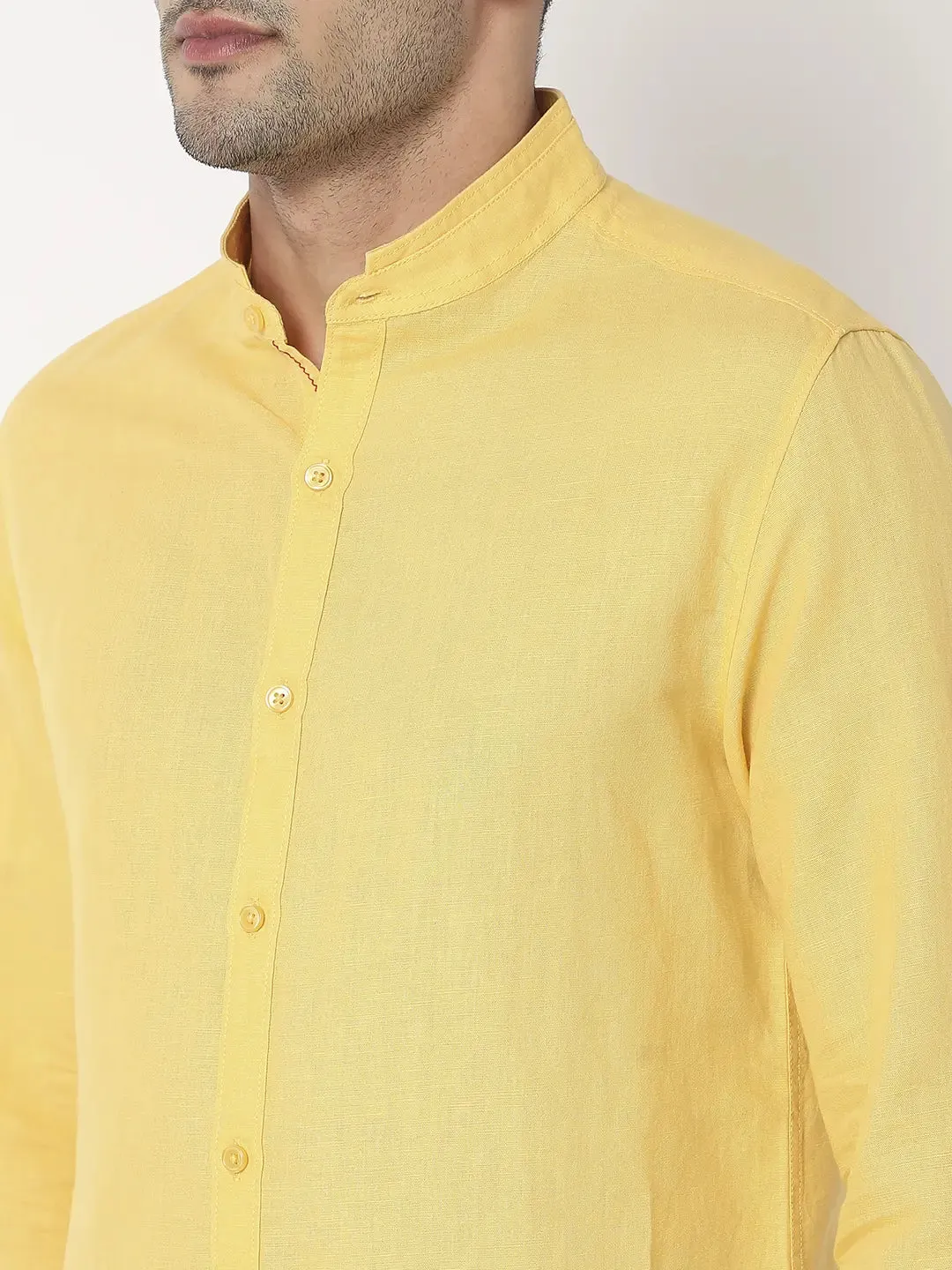 Spykar Men Lemon Yellow Cotton Slim Fit Plain Shirt