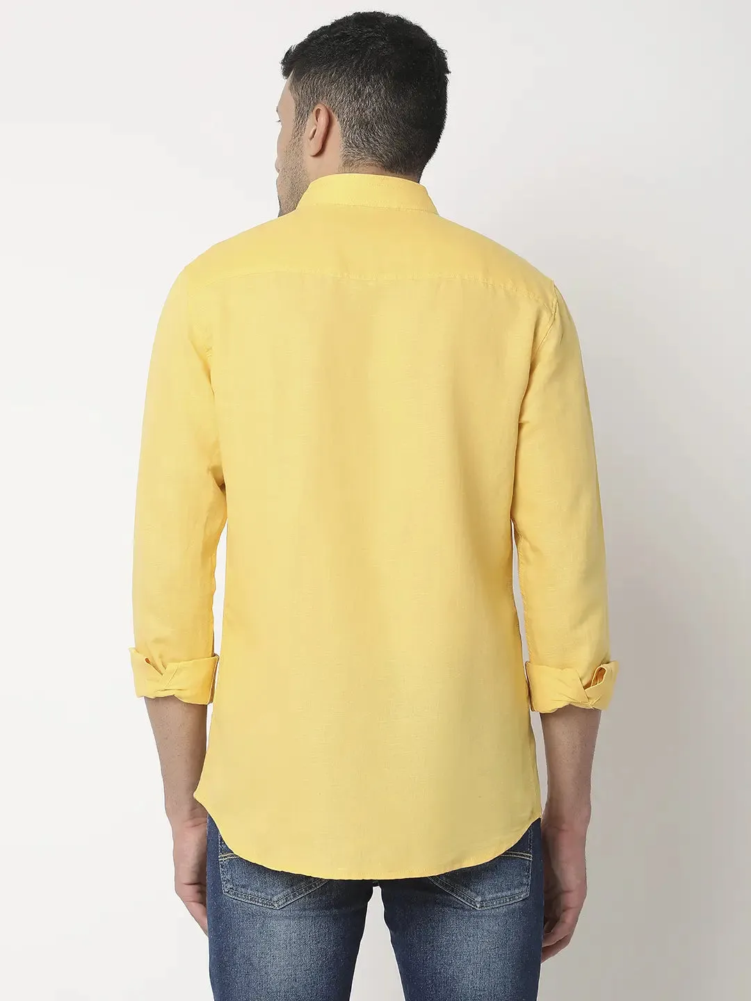 Spykar Men Lemon Yellow Cotton Slim Fit Plain Shirt