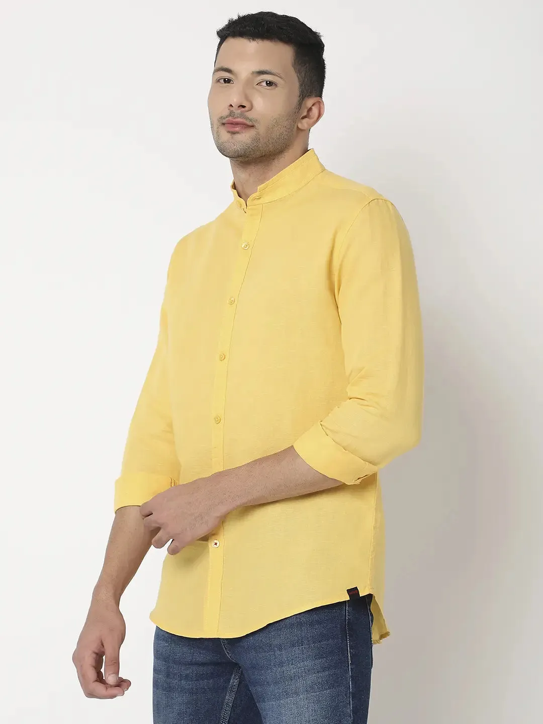 Spykar Men Lemon Yellow Cotton Slim Fit Plain Shirt