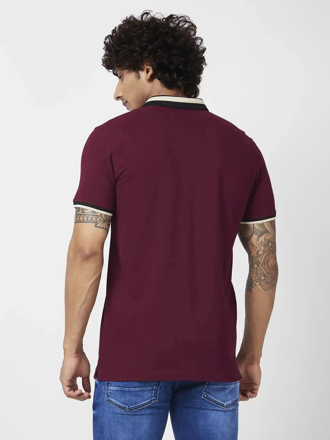 Spykar Men Wine Red Blended Slim Fit Half Sleeve Polo Neck Casual Plain Polo Tshirt