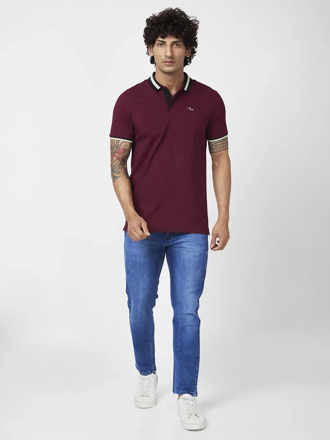 Spykar Men Wine Red Blended Slim Fit Half Sleeve Polo Neck Casual Plain Polo Tshirt