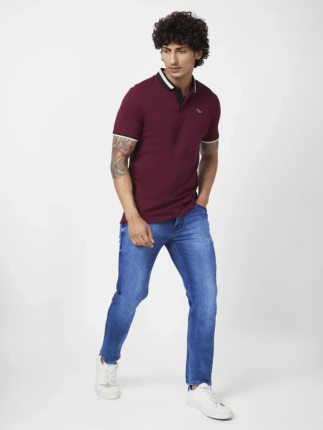 Spykar Men Wine Red Blended Slim Fit Half Sleeve Polo Neck Casual Plain Polo Tshirt