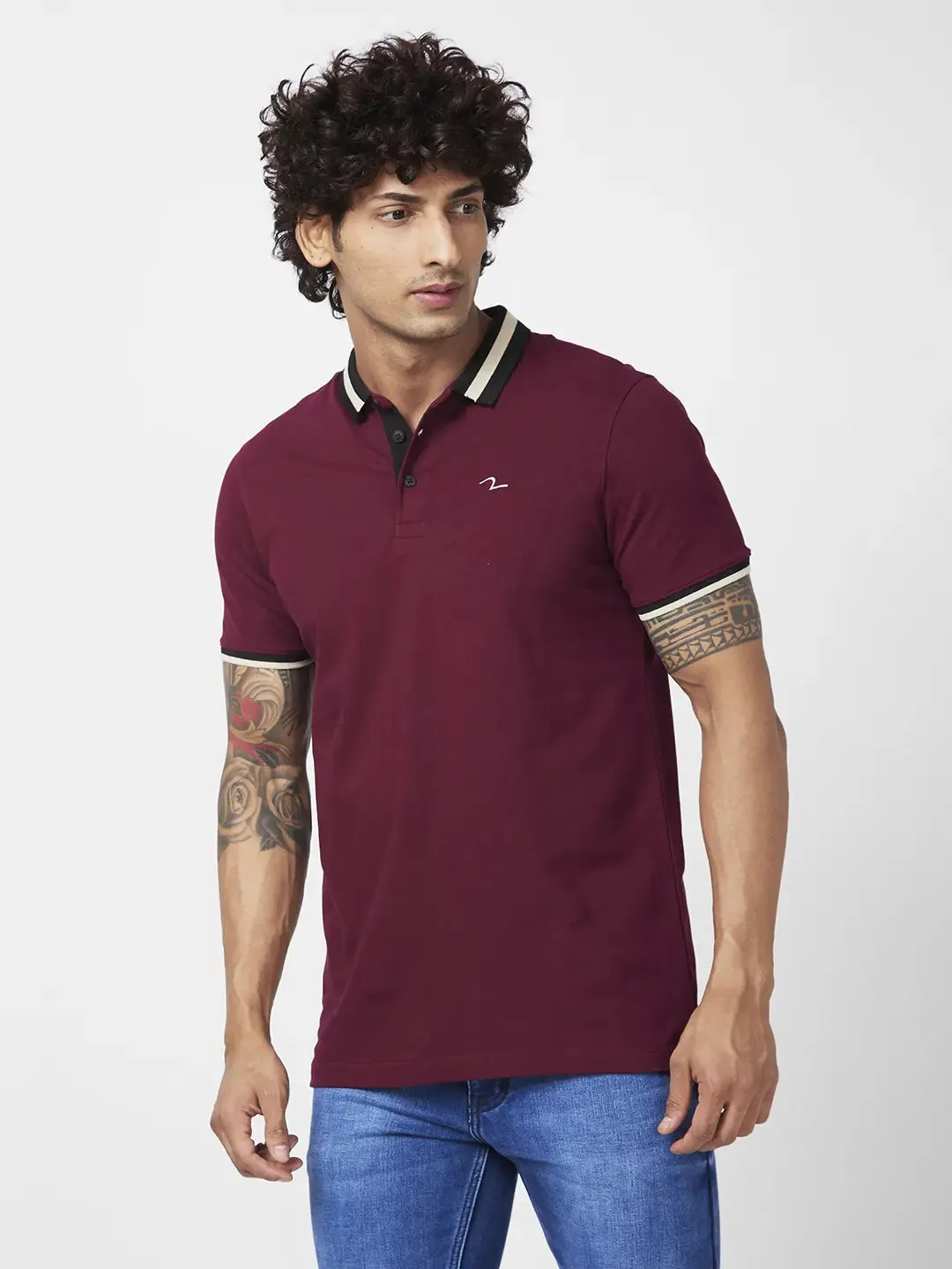 Spykar Men Wine Red Blended Slim Fit Half Sleeve Polo Neck Casual Plain Polo Tshirt