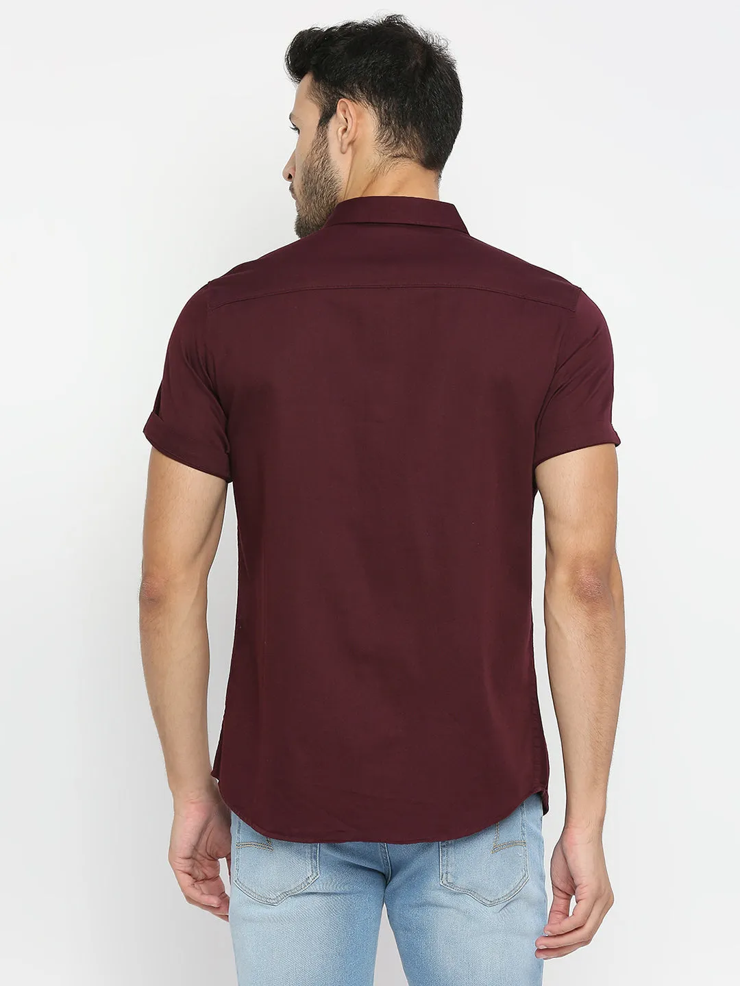 Spykar Men Wine Red Cotton Half Sleeve Plain Shirt