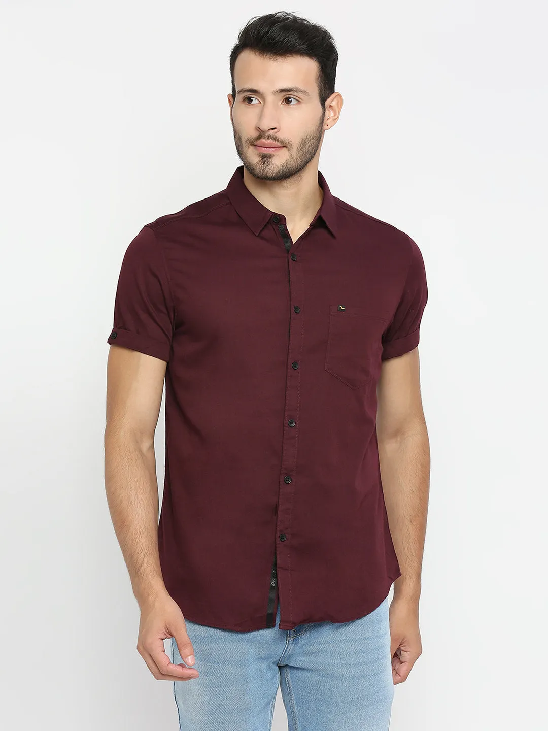 Spykar Men Wine Red Cotton Half Sleeve Plain Shirt