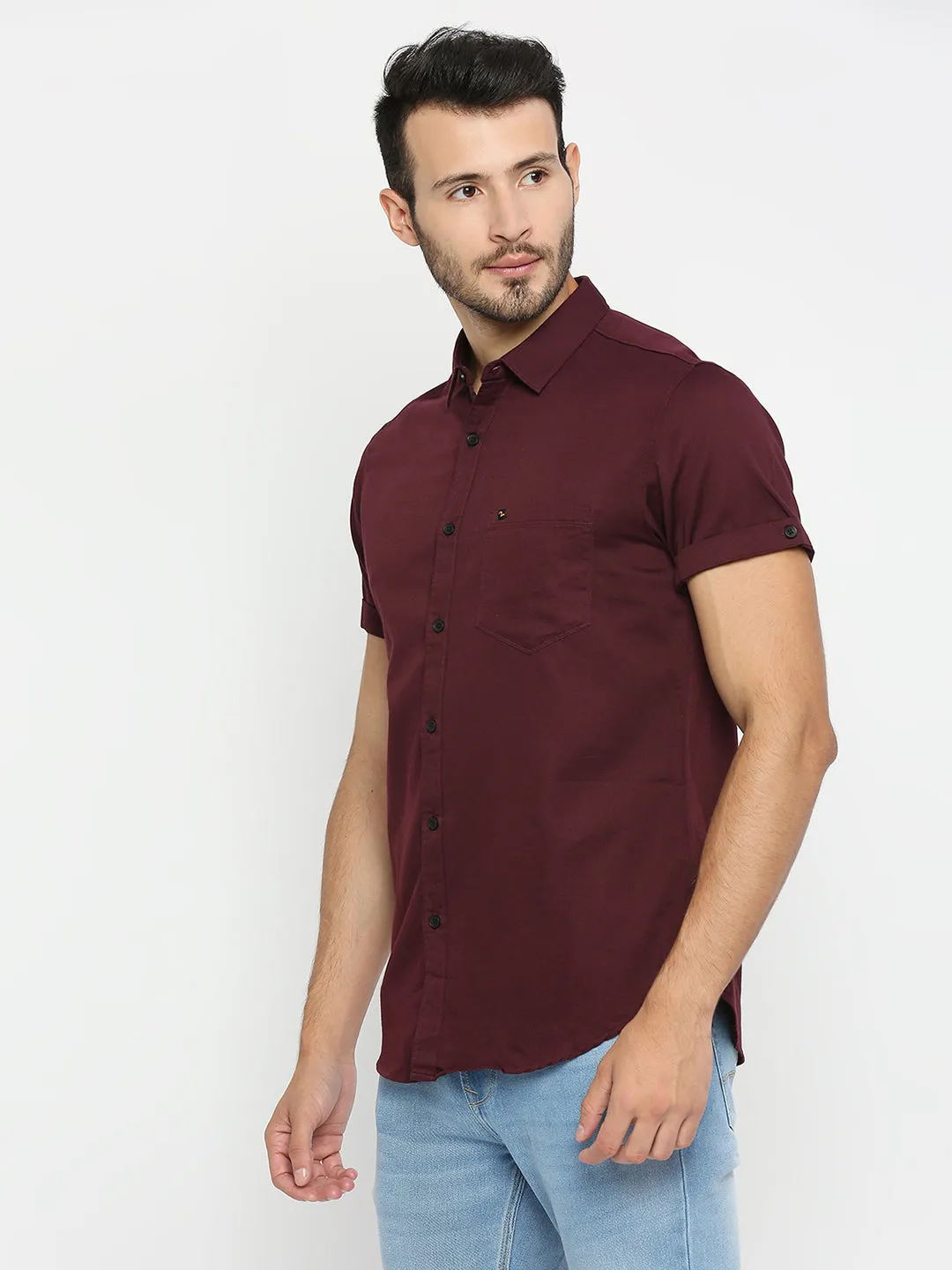 Spykar Men Wine Red Cotton Half Sleeve Plain Shirt