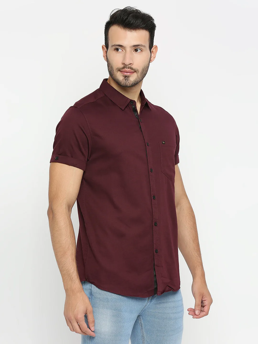 Spykar Men Wine Red Cotton Half Sleeve Plain Shirt