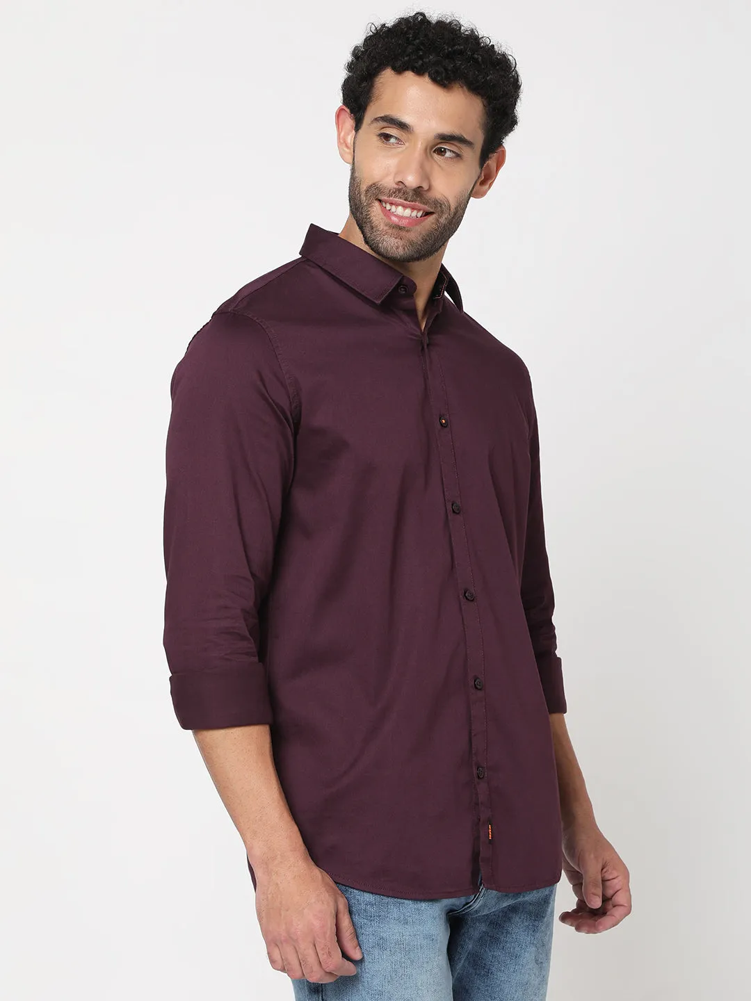 Spykar Men Wine Red Cotton Slim Fit Full Sleeve Plain Shirt