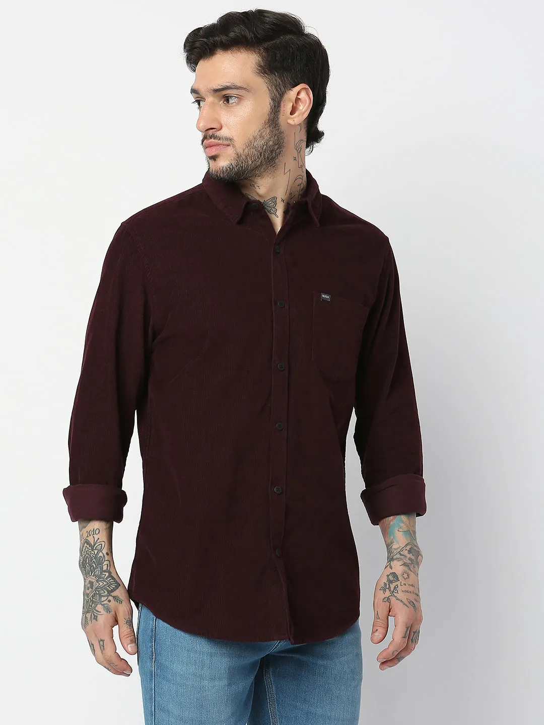 Spykar Men Wine Red Cotton Slim Fit Plain Shirts