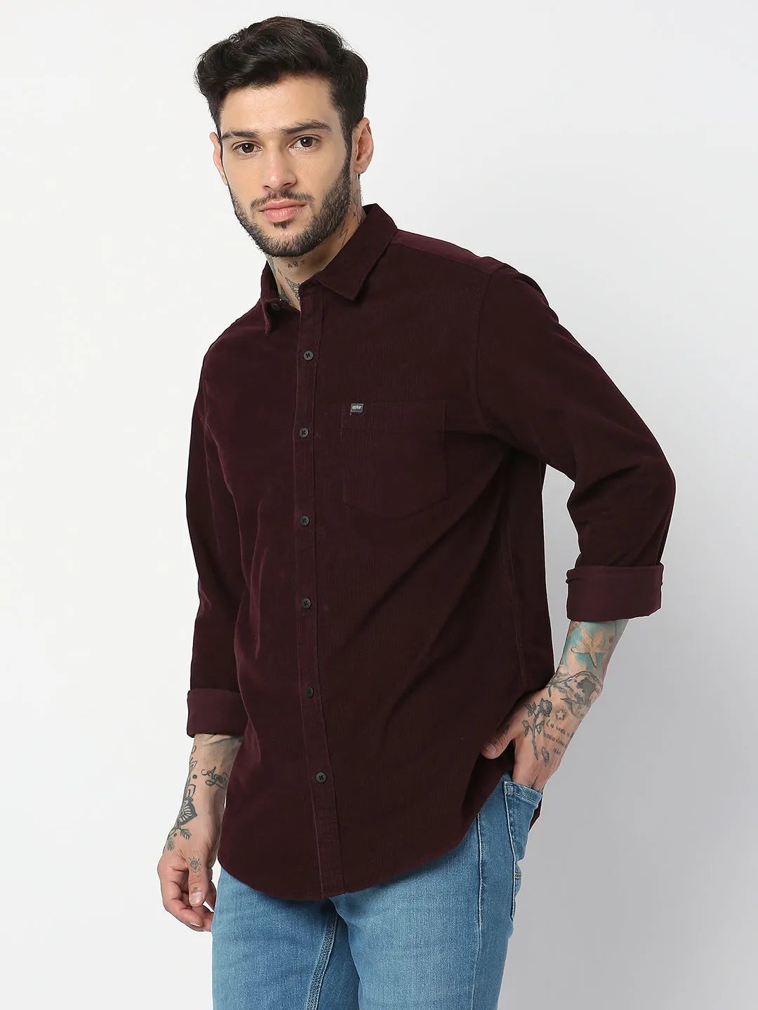 Spykar Men Wine Red Cotton Slim Fit Plain Shirts