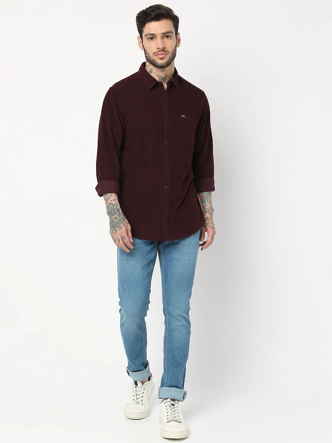 Spykar Men Wine Red Cotton Slim Fit Plain Shirts