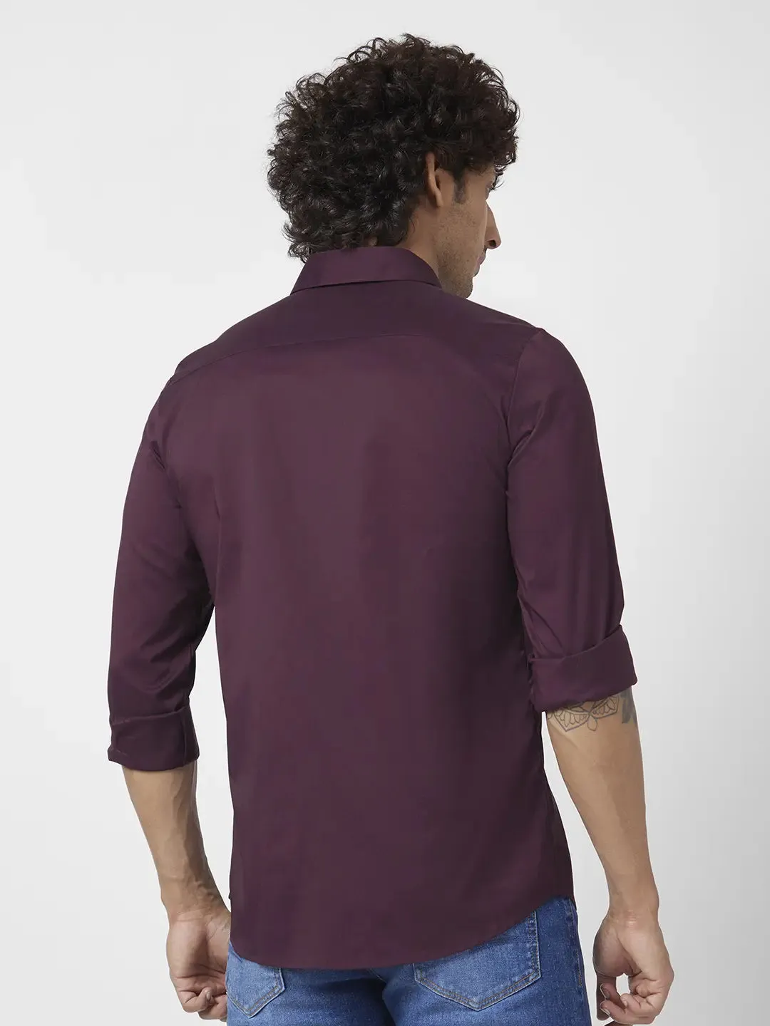 Spykar Men Wine Red Dyed Regular Slim Fit Full Sleeve Plain Shirt