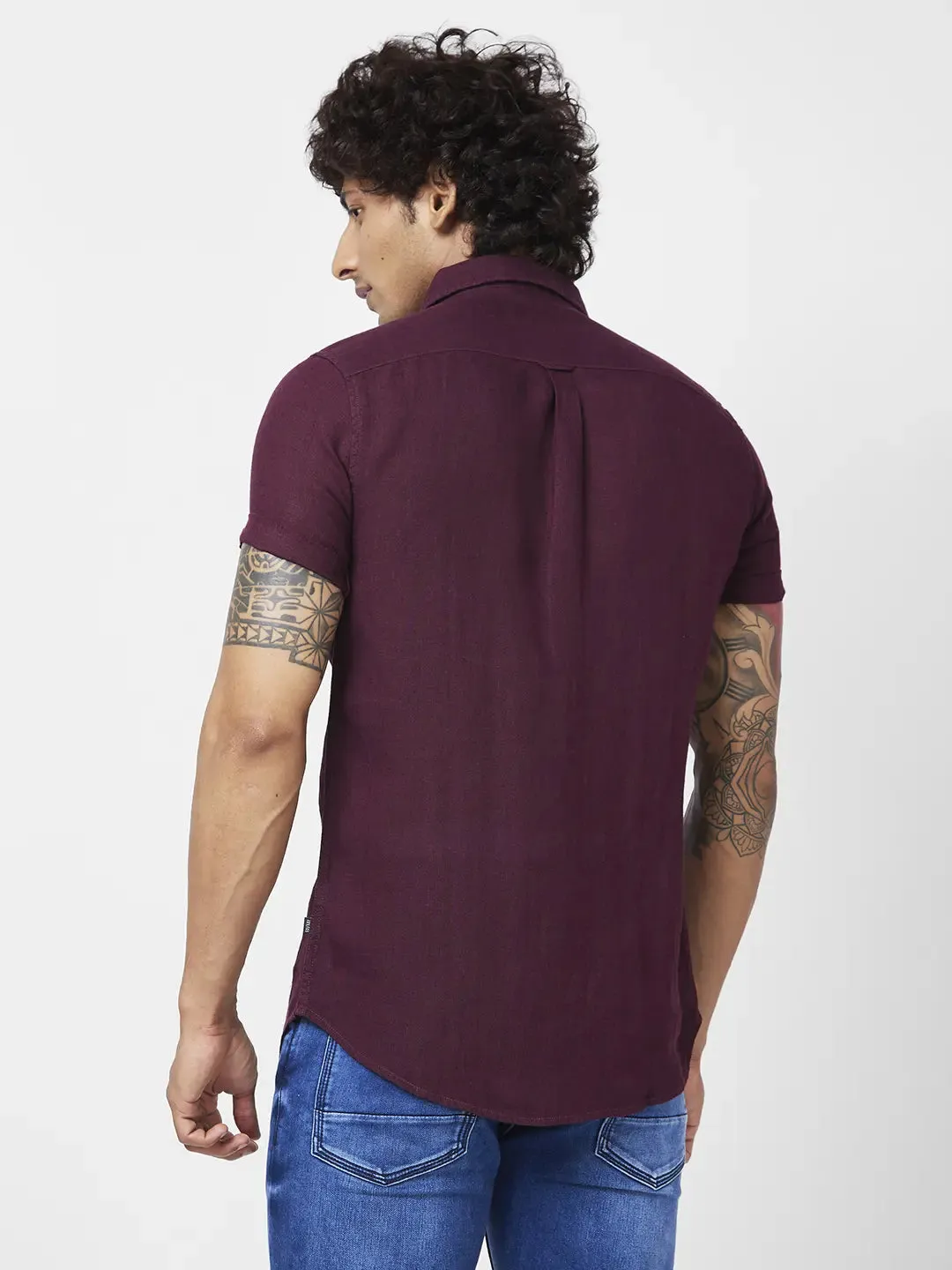 Spykar Men Wine Red Linen Regular Slim Fit Half Sleeve Casual Plain Shirt