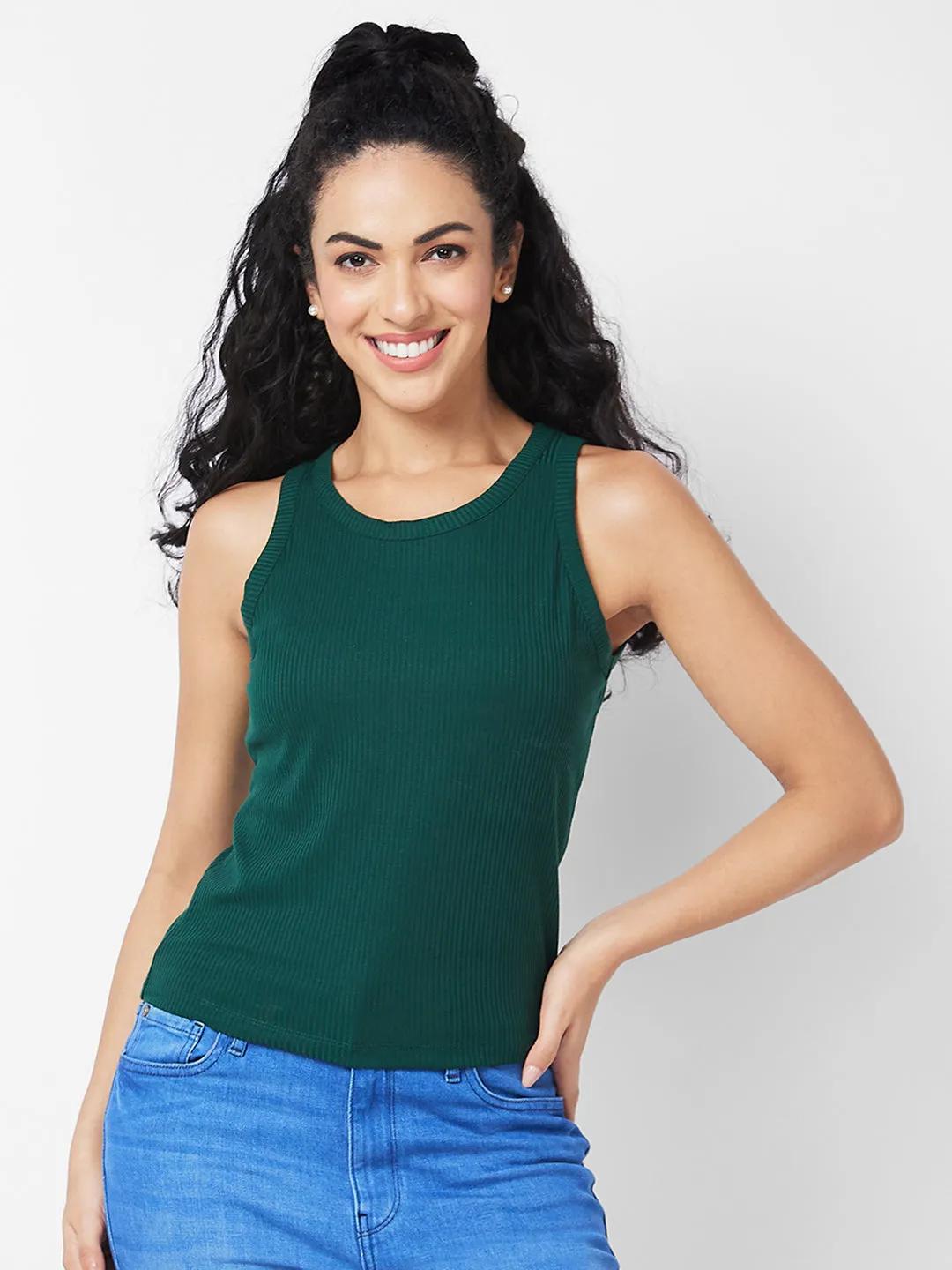 Spykar Round Neck Sleeveless Green T-shirt  For Women