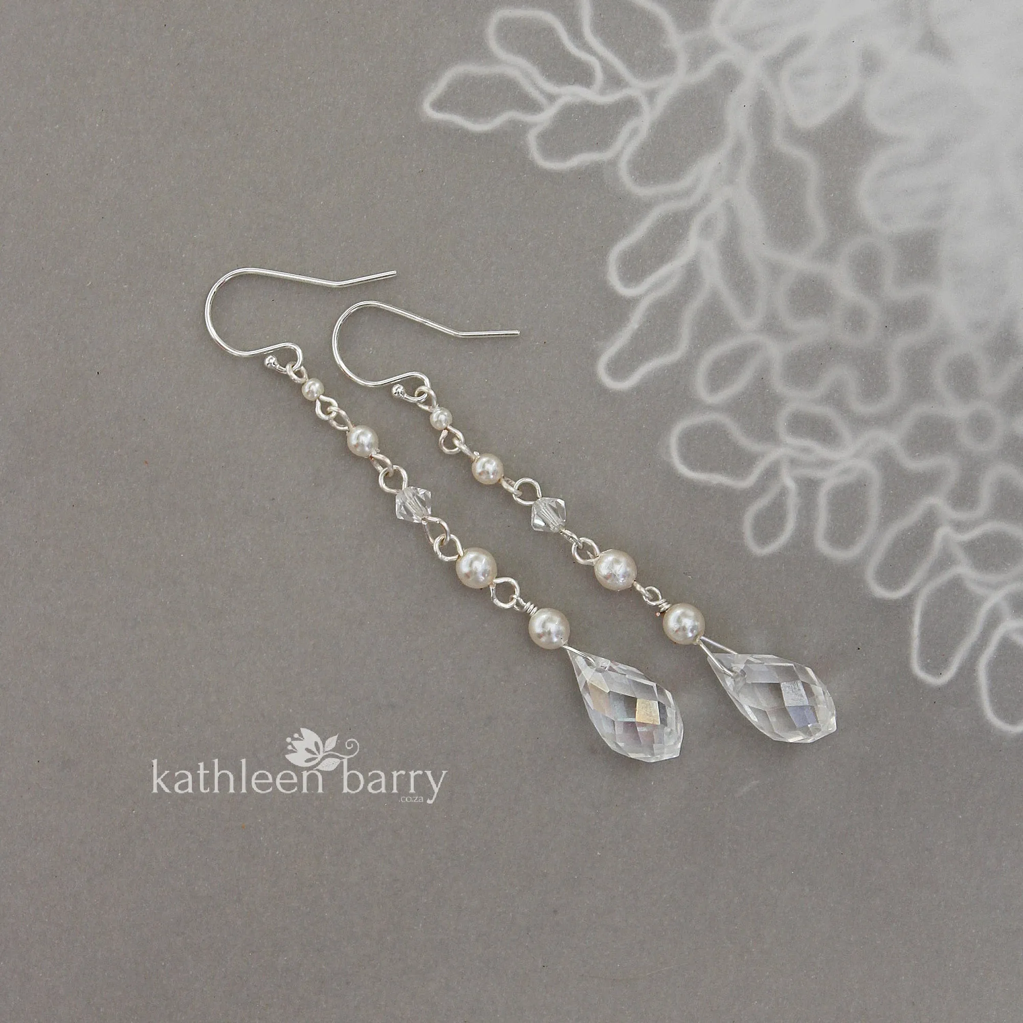 Tasneen long crystal drop and pearl earrings -Custom options available silver, gold & rose gold available