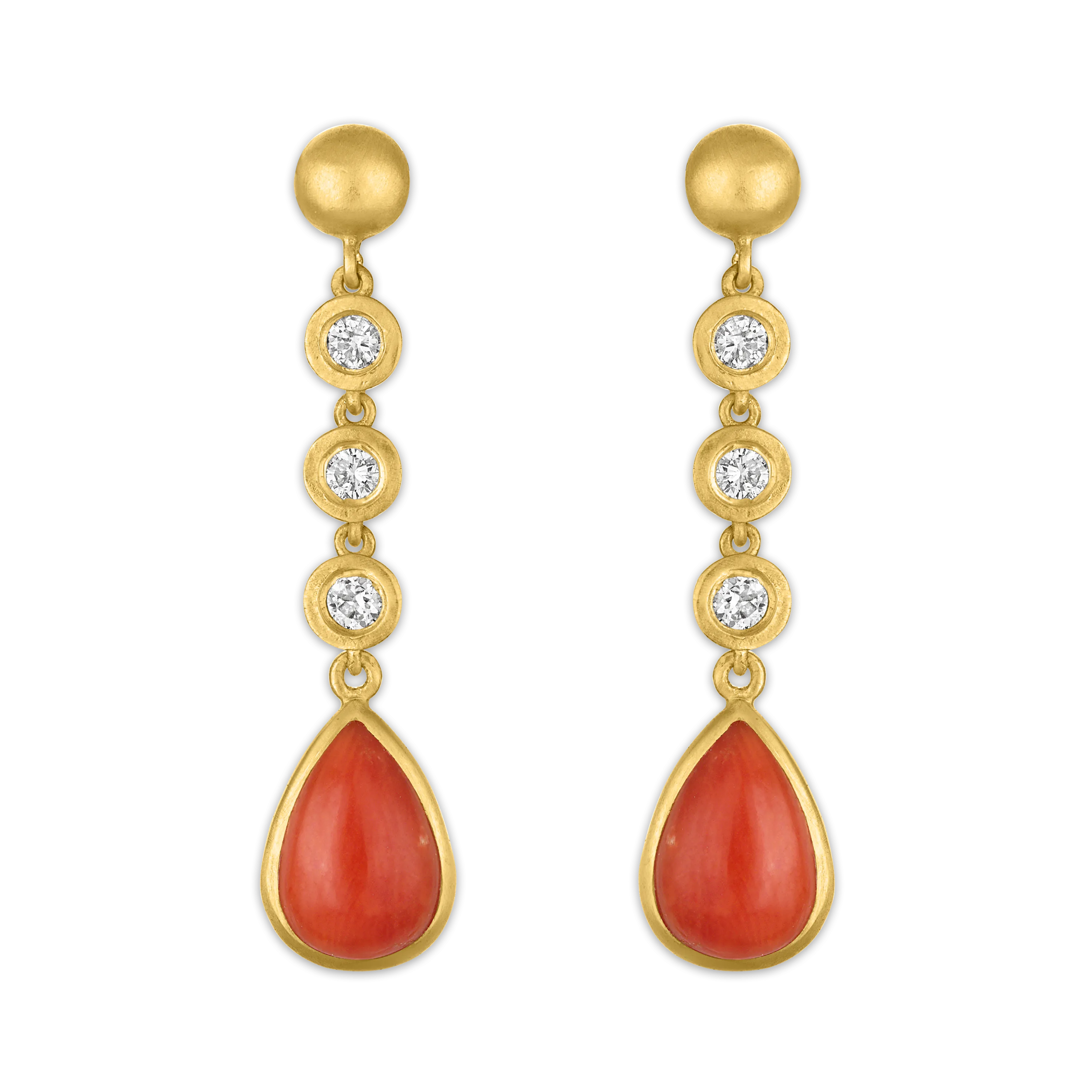 Three Diamond and Antique Coral Chime Earrings