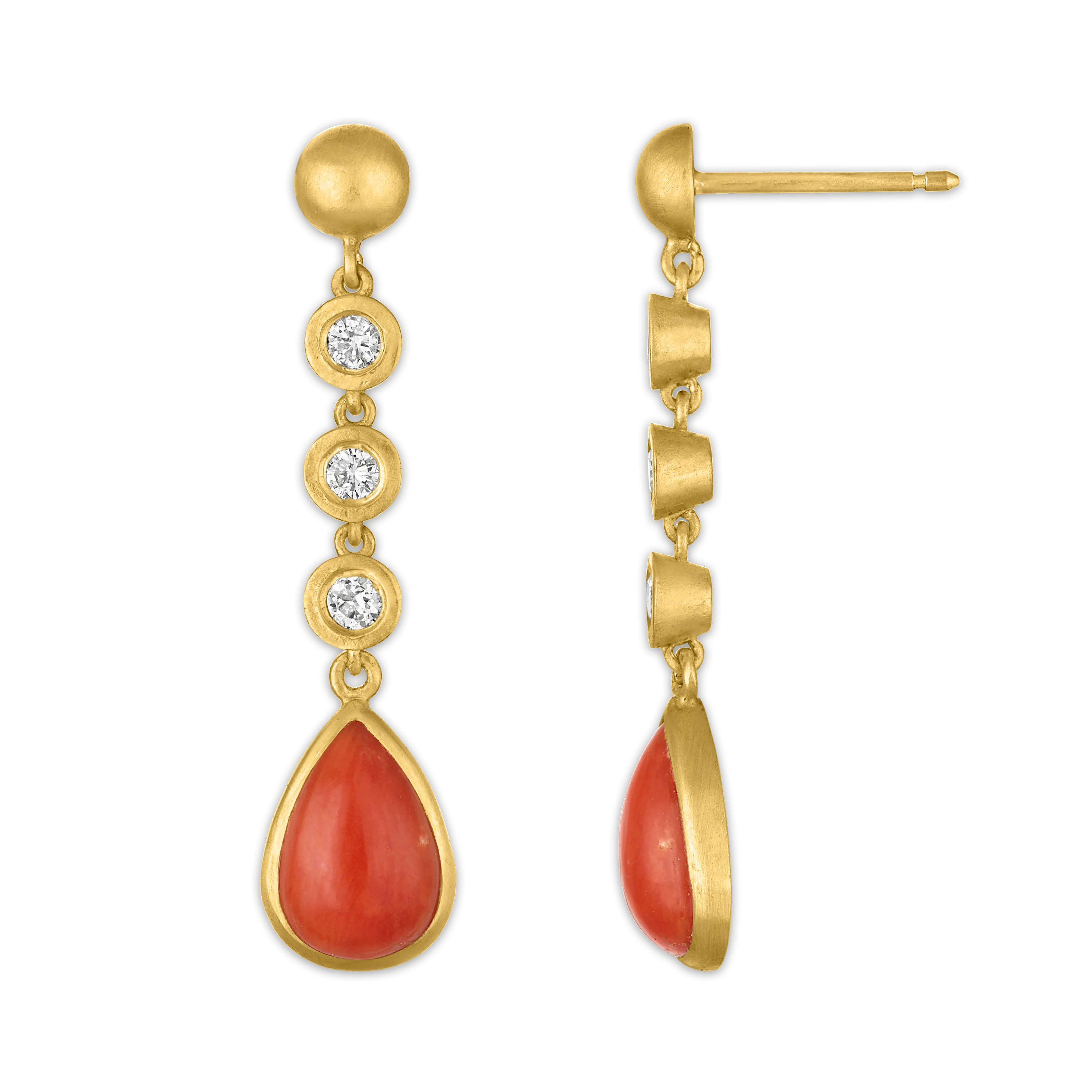 Three Diamond and Antique Coral Chime Earrings