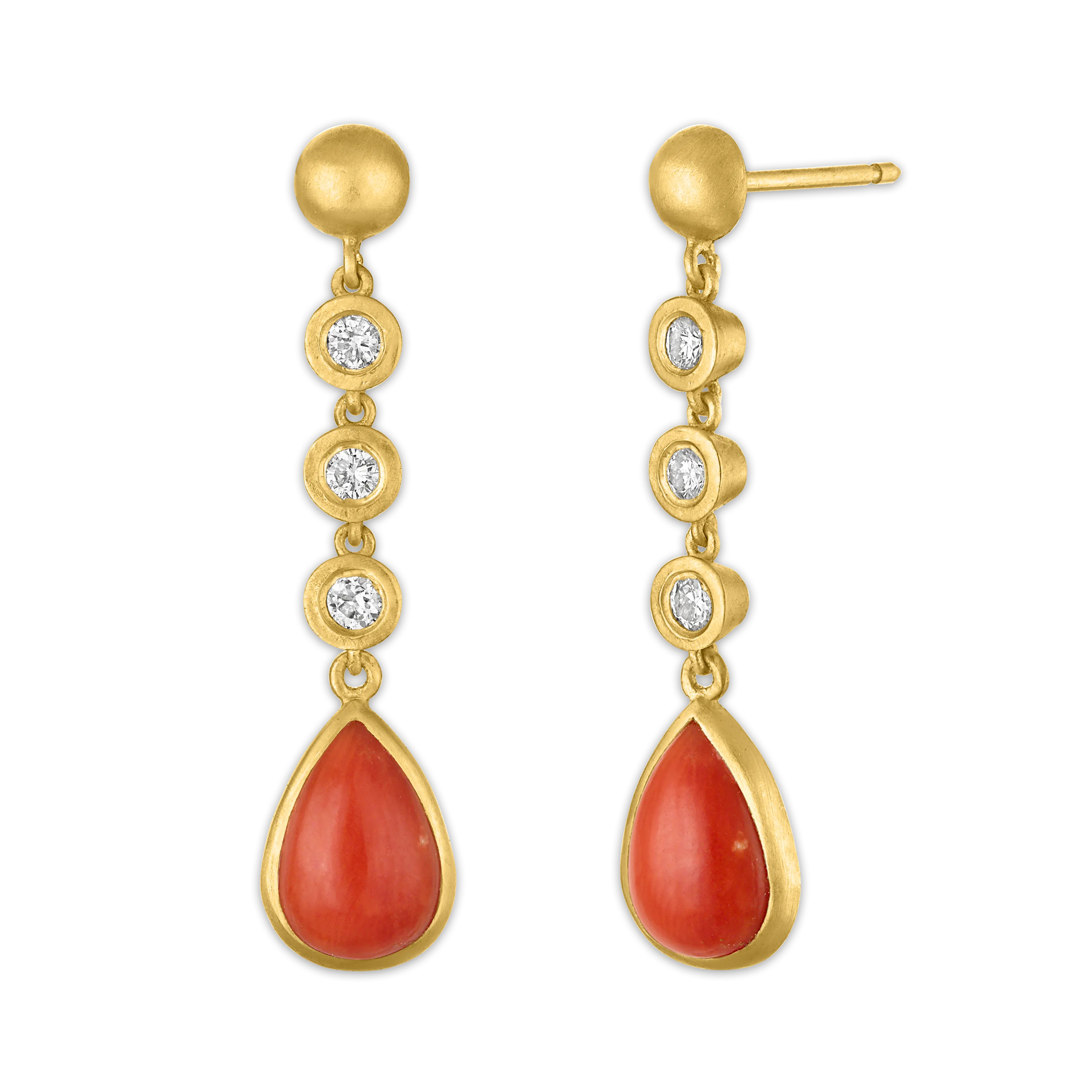 Three Diamond and Antique Coral Chime Earrings