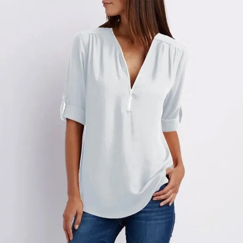 V Neck Zipper Patchwork Plain Blouses