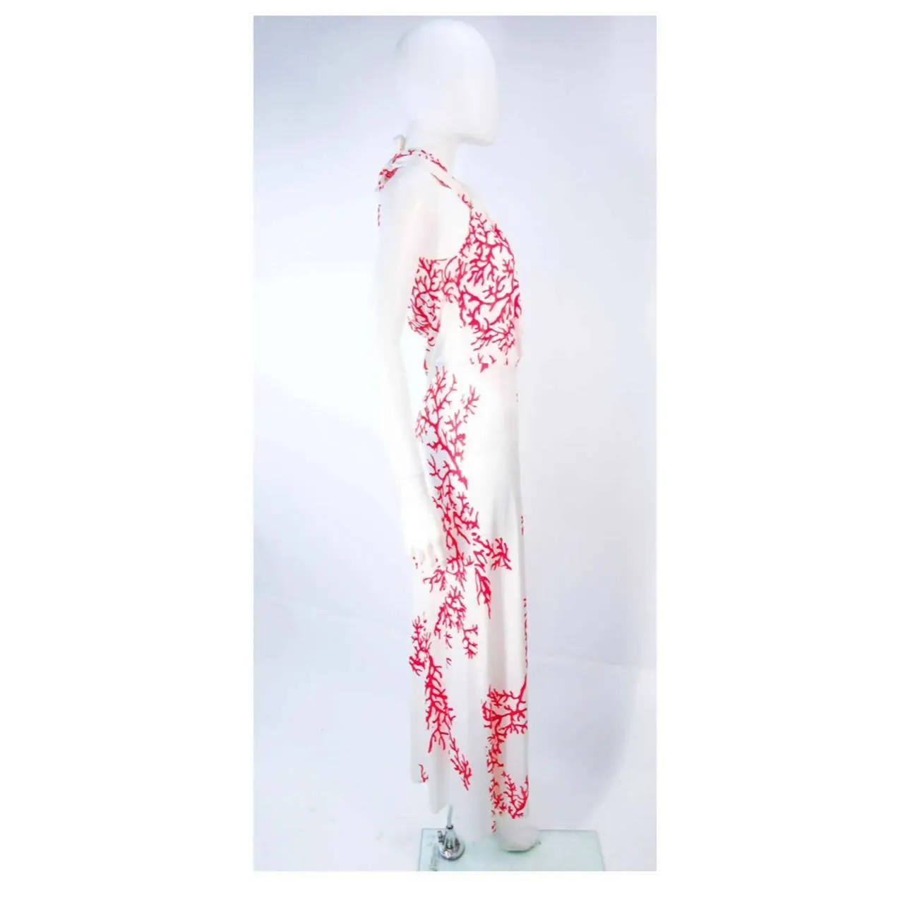 Valentino White and Red Coral Pattern Halter Dress | EU 42