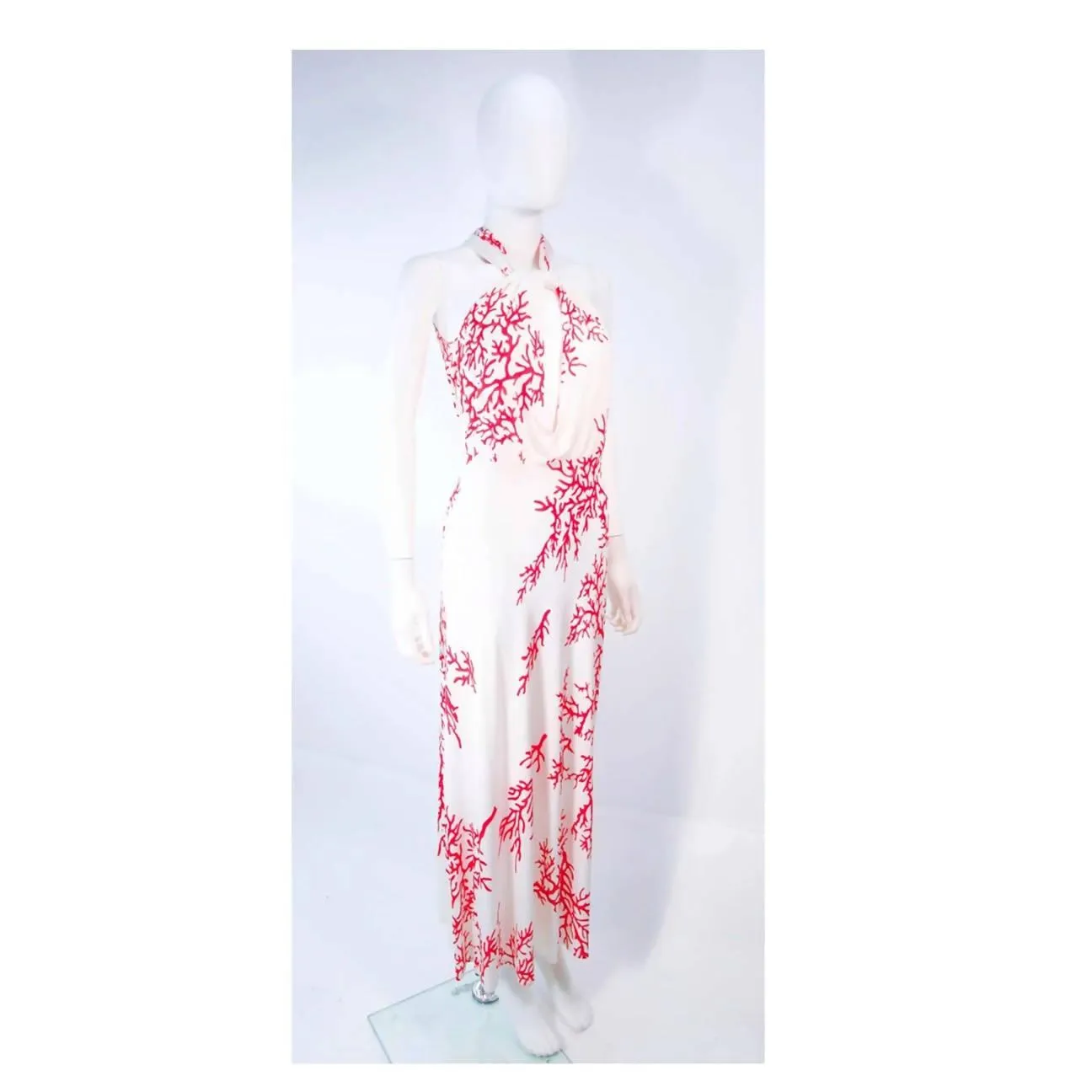 Valentino White and Red Coral Pattern Halter Dress | EU 42