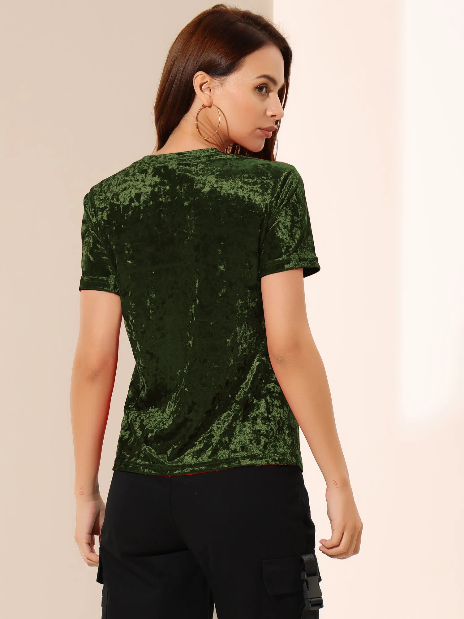 Velvet Top Crew Neck Short Sleeve Casual T-Shirt