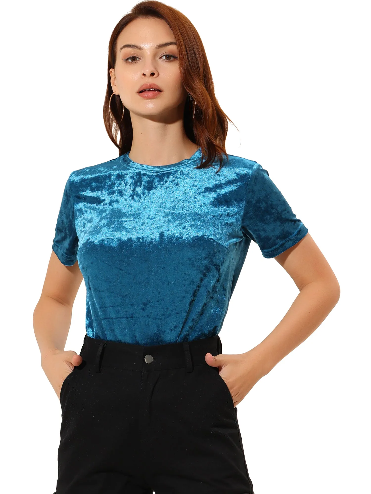 Velvet Top Crew Neck Short Sleeve Casual T-Shirt