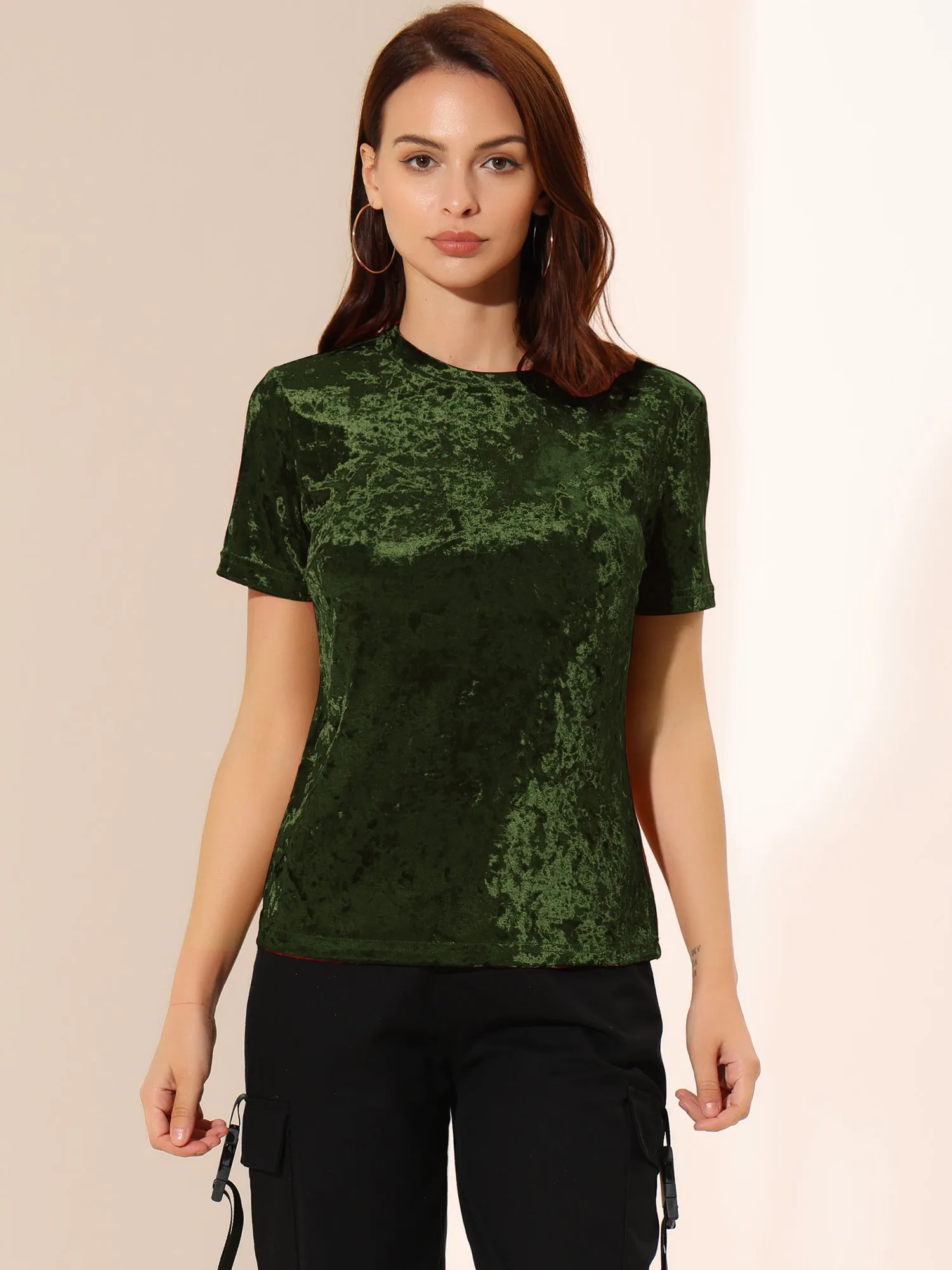 Velvet Top Crew Neck Short Sleeve Casual T-Shirt