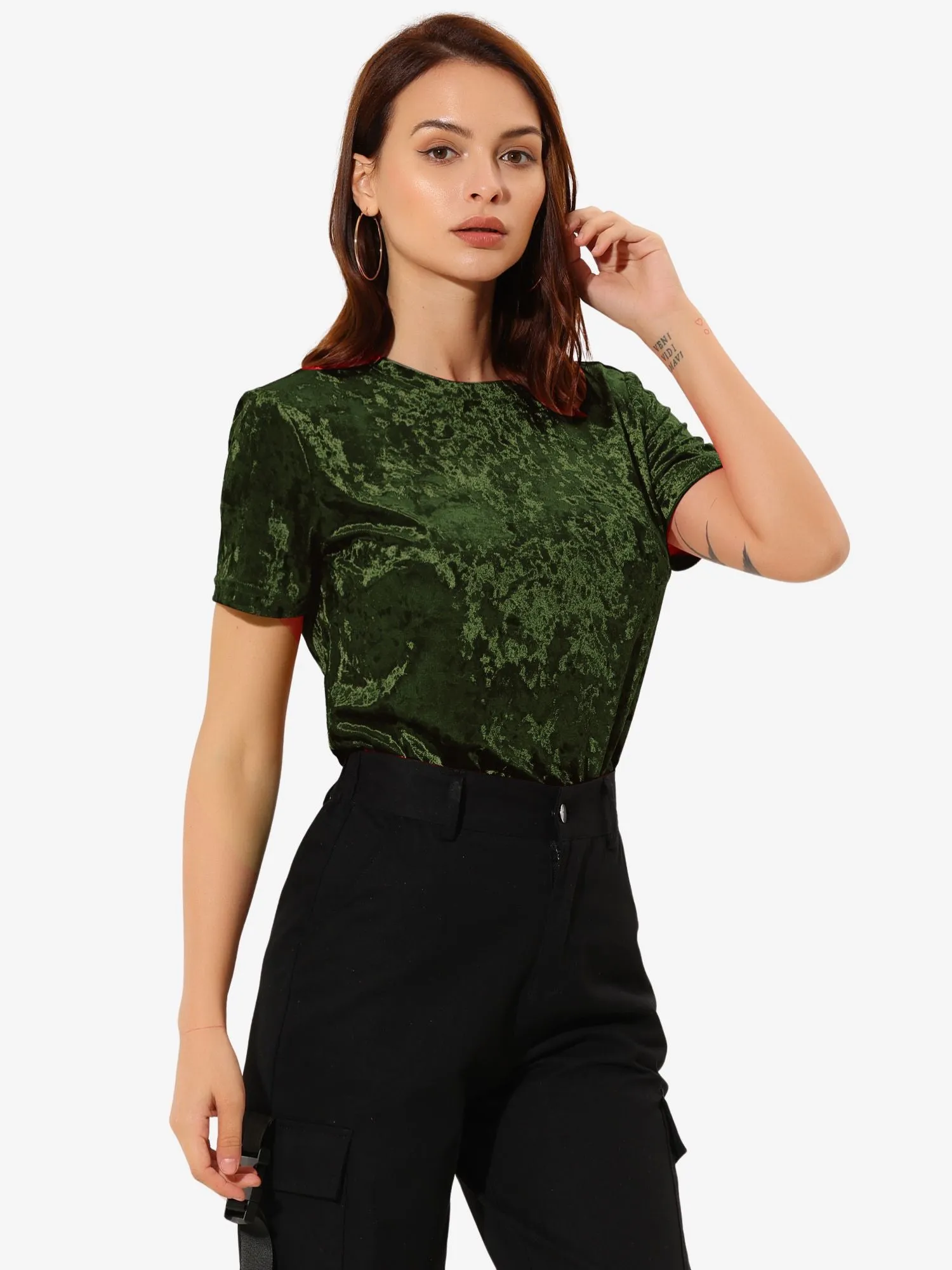 Velvet Top Crew Neck Short Sleeve Casual T-Shirt