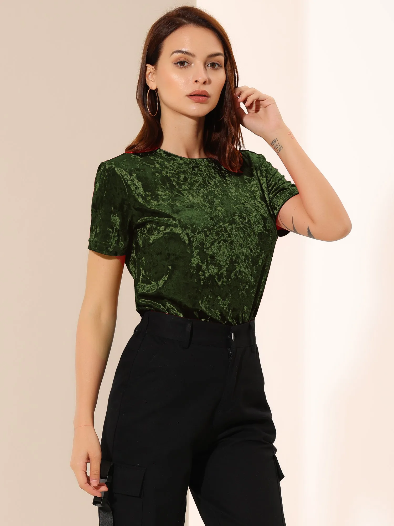 Velvet Top Crew Neck Short Sleeve Casual T-Shirt