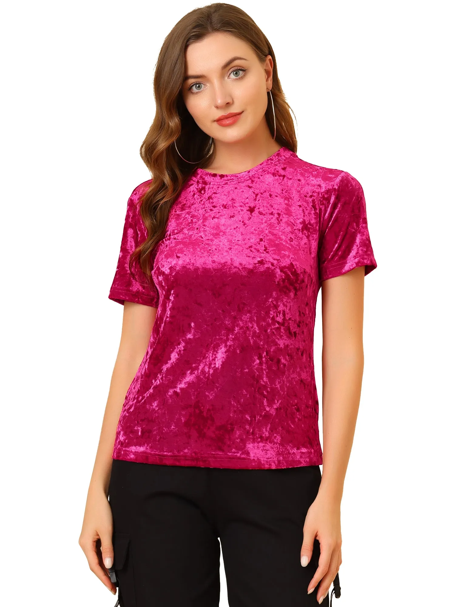 Velvet Top Crew Neck Short Sleeve Casual T-Shirt