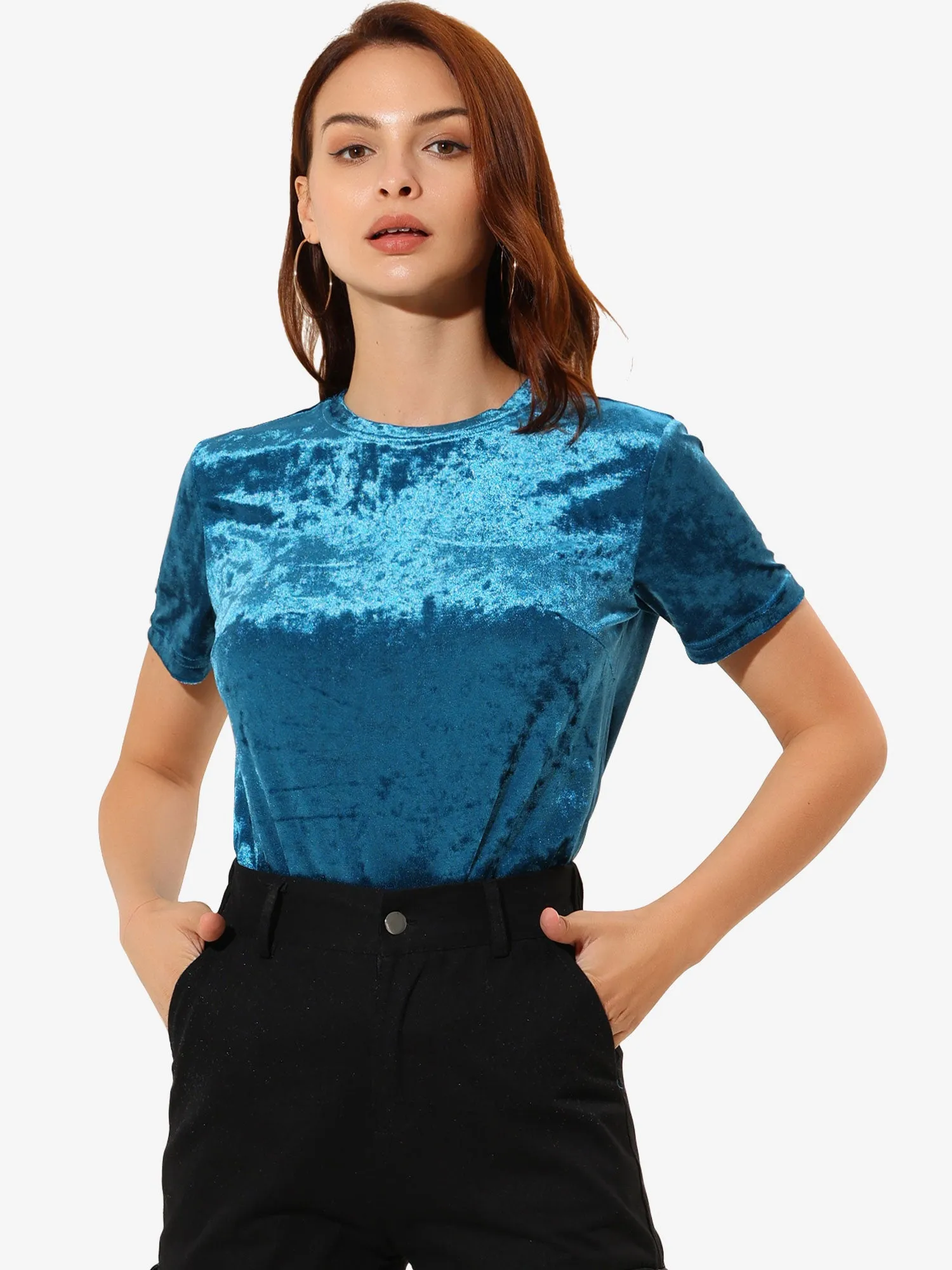 Velvet Top Crew Neck Short Sleeve Casual T-Shirt