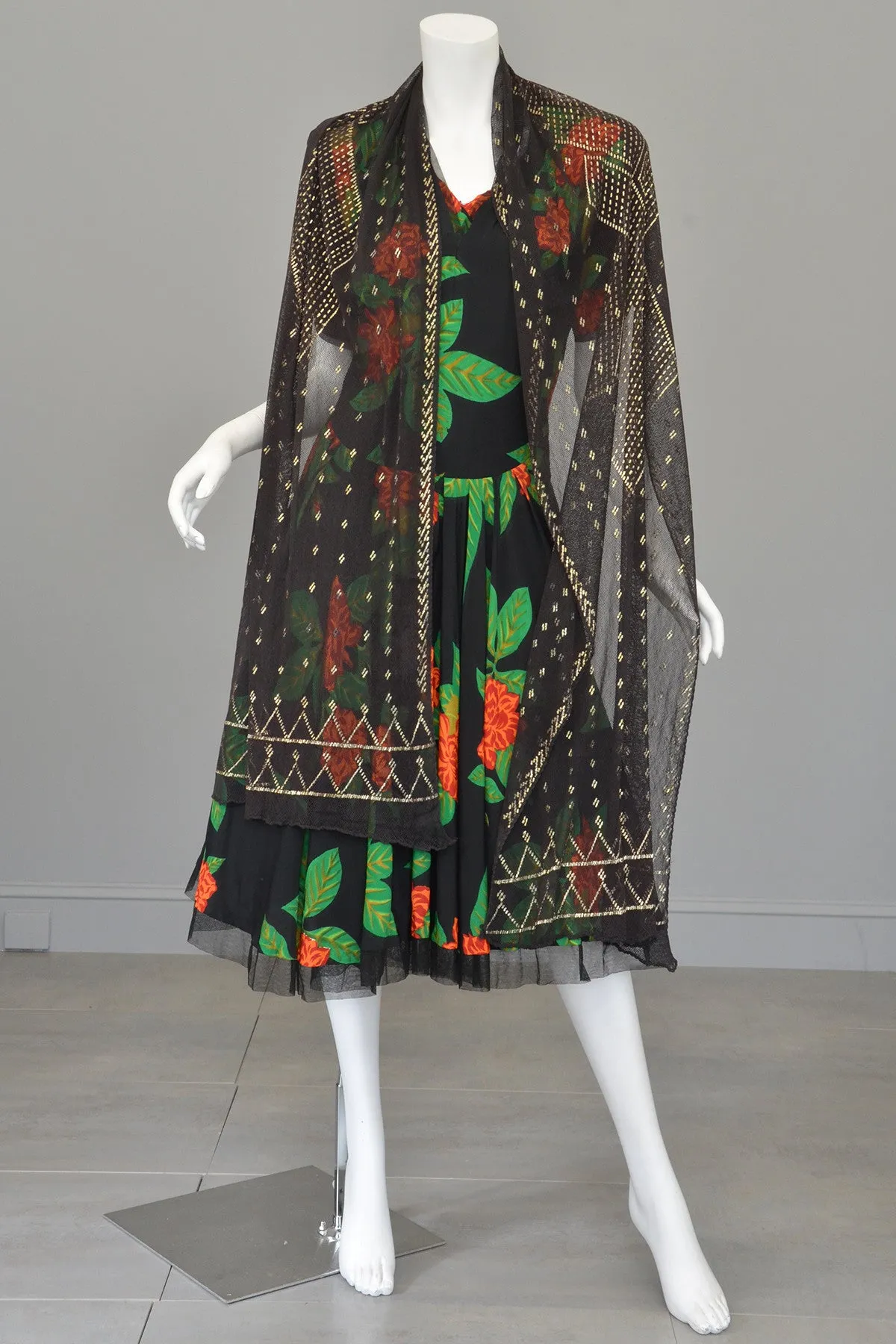 Vintage 1940s Novelty Print Party Dress Tropical Print