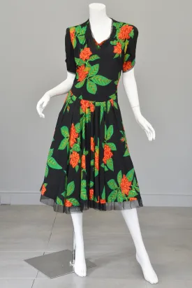 Vintage 1940s Novelty Print Party Dress Tropical Print