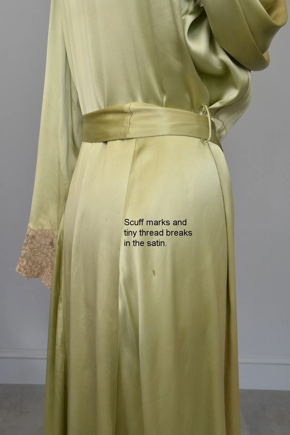 Vintage Avocado Green Satin and Lace Robe