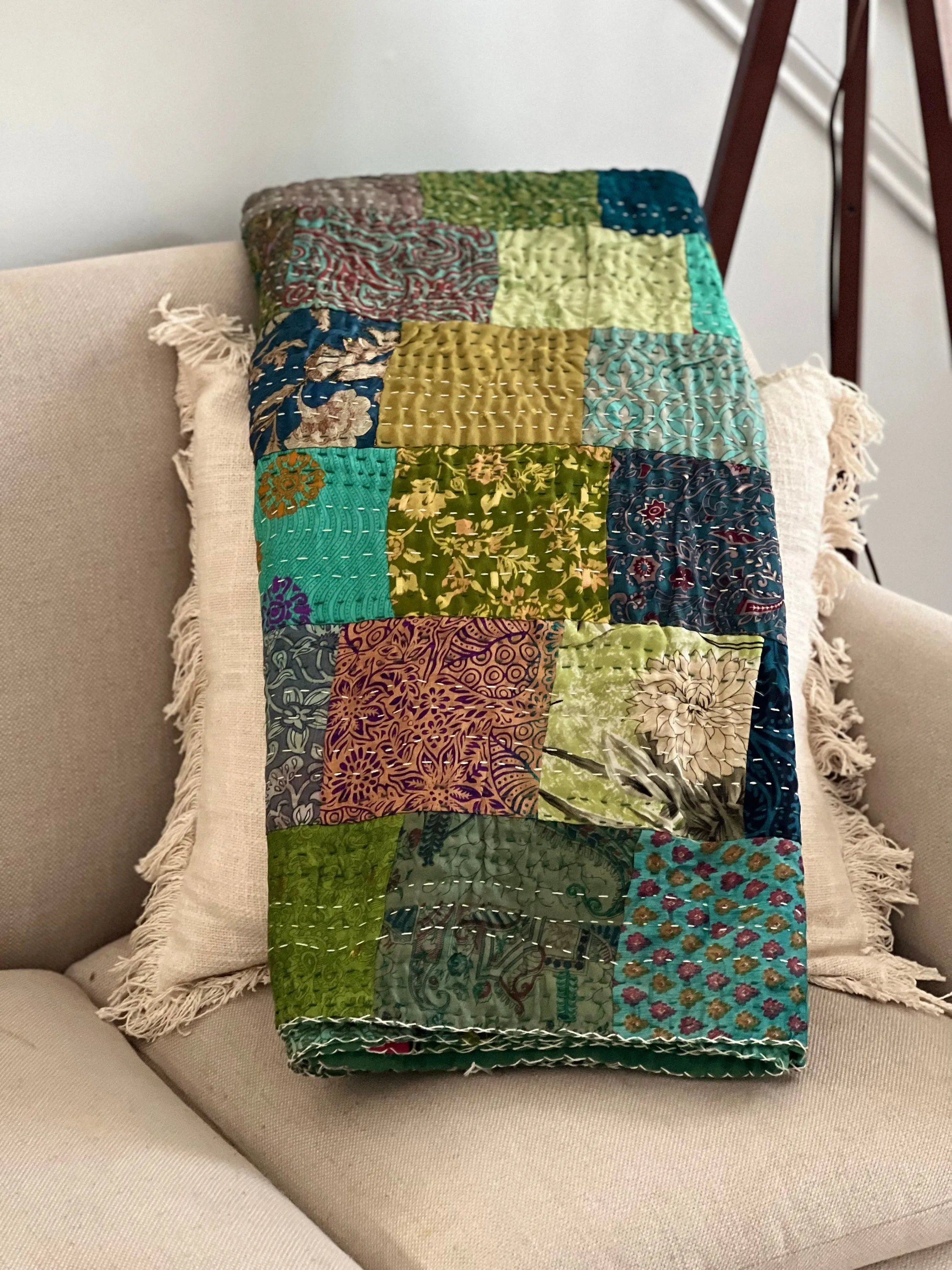 Vintage Kantha quilt In SILK, Plus Handmade Quilt for sale, Throw quilt, ready to ship, Handmade gift for home